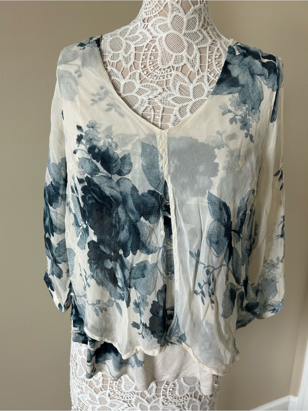 Lucky Brand Cream Blouse with Blue Floral Print